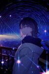  1girl achiki aqua_eyes blue_hoodie ear_piercing expressionless glint highres hood hoodie horizon jacket looking_at_viewer looking_back night night_sky original piercing railing rooftop shooting_star short_hair sideways_glance sky sparkle star_(sky) sweater_jacket upper_body 