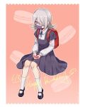  1girl backpack bag black_footwear blue_ribbon border candy_print candy_wrapper child collared_shirt commentary_request dangan_ronpa_(series) dangan_ronpa_3_(anime) dated dress hair_over_one_eye happy_birthday holding invisible_chair kimura_seiko long_sleeves looking_at_viewer mary_janes mask meipoi mouth_mask neck_ribbon randoseru red_bag ribbon shiny shiny_hair shirt shoes short_over_long_sleeves short_sleeves silver_hair sitting solo violet_eyes white_border white_legwear white_shirt younger 