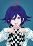  1boy absurdres bangs blue_hair checkered checkered_neckwear checkered_scarf commentary_request cross crossed_fingers dangan_ronpa_(series) dangan_ronpa_v3:_killing_harmony english_text finger_to_mouth gradient gradient_background hair_between_eyes highres index_finger_raised layered_sleeves long_sleeves looking_at_viewer male_focus ouma_kokichi purple_hair scarf short_hair solo straitjacket upper_body violet_eyes yeon-eo 