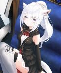  +_+ 1girl animal_ears bangs black_sleeves black_vest bow cat_ears cat_girl cat_tail commentary_request detached_sleeves eyebrows_visible_through_hair facial_mark final_fantasy final_fantasy_xiv hair_between_eyes hair_bow highres kanora knees_up long_hair looking_at_viewer miqo&#039;te ponytail shirt sidelocks signature sitting skirt sleeveless sleeveless_shirt smile solo tail thigh-highs vest violet_eyes whisker_markings white_hair white_legwear white_shirt white_skirt 