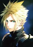  1boy armor blonde_hair blue_eyes close-up cloud_strife commentary_request dark_background final_fantasy final_fantasy_vii final_fantasy_vii_remake highres jewelry jun_(seojh1029) looking_at_viewer short_hair shoulder_armor single_earring sleeveless solo spiky_hair sweater turtleneck 
