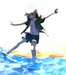  1boy :d bangs beach blush collarbone commentary_request dangan_ronpa_(series) dangan_ronpa_2:_goodbye_despair foot_up full_body green_jacket grey_eyes hair_between_eyes hands_up happy hood hood_down hooded_jacket jacket kneehighs komaeda_nagito male_focus meipoi open_clothes open_jacket open_mouth outdoors outstretched_arms print_shirt shirt short_hair short_sleeves shorts smile solo wading water 