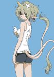  1girl absurdres animal_ears ass black_shorts blue_background breasts brown_hair cowboy_shot ear_piercing earrings food from_behind highres holding holding_food ice_cream ice_cream_cone jewelry looking_at_viewer looking_back medium_breasts multiple_tails original piercing print_tank_top short_hair shorts simple_background solo tail tank_top tsurunoka white_tank_top 