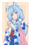  1girl absurdres ahoge animal_ear_fluff animal_ears blue_kimono blue_nails blue_skirt blush bow cat_ears cat_tail commentary cowboy_shot cup earrings eyebrows_visible_through_hair floral_print furisode fuusuke_(fusuke208) hair_between_eyes hair_ornament hairclip hakama heart_ahoge highres holding holding_cup hololive japanese_clothes jewelry kemonomimi_mode kimono light_blue_hair looking_at_viewer medium_hair multicolored multicolored_clothes multicolored_kimono nail_polish obi open_mouth pink_background pink_kimono pleated_skirt pointy_ears red_bow sash simple_background skirt smile solo tail teacup twintails twitter_username virtual_youtuber white_kimono wide_sleeves yellow_eyes yukihana_lamy 