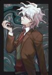  1boy aji_kosugi bangs black_border border brown_jacket buttons commentary_request cowboy_shot dangan_ronpa_(series) dangan_ronpa_3_(anime) from_side grey_eyes grey_hair hair_between_eyes hand_up highres holding hope&#039;s_peak_academy_school_uniform jacket komaeda_nagito long_sleeves looking_at_viewer looking_to_the_side male_focus medium_hair multicolored multicolored_background open_clothes open_jacket profile red_neckwear school_uniform shirt smile solo upper_body vest white_shirt 