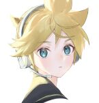  1boy aqua_eyes black_collar blonde_hair bloom collar commentary headphones headset highres kagamine_len looking_at_viewer male_focus naoko_(naonocoto) parted_lips portrait sailor_collar short_ponytail sidelighting solo spiky_hair vocaloid white_background 
