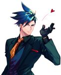  1boy absurdres black_gloves black_vest blown_kiss blue_eyes blue_hair buttons collared_jacket formal galo_thymos gloves green_suit highres male_focus necktie one_eye_closed promare short_hair simple_background solo spiky_hair tabno_(tanbotalo) upper_body vest white_background yellow_neckwear 