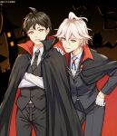  2boys ahoge alternate_costume black_neckwear black_pants black_vest blue_eyes blue_ribbon brown_background brown_eyes cape collared_shirt commentary_request cowboy_shot crossed_arms dangan_ronpa_(series) dangan_ronpa_2:_goodbye_despair dated formal gloves green_eyes grey_eyes grey_hair hand_on_hip hinata_hajime komaeda_nagito leaning_forward long_sleeves looking_at_viewer male_focus meipoi messy_hair multiple_boys necktie pants ribbon shirt smile vampire_costume vest white_gloves white_hair white_shirt 