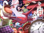  :o absurdres book bow bow_removed card claws clock commentary_request cup gen_3_pokemon highres key latias legendary_pokemon no_humans open_mouth playing_card pokemon pokemon_(creature) shabana_may solo teacup teapot tongue yellow_eyes 