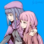  2girls blue_hair blush braid flat_cap hand_on_another&#039;s_shoulder hat holding_hands long_hair low_ponytail magia_record:_mahou_shoujo_madoka_magica_gaiden mahou_shoujo_madoka_magica multiple_girls nanami_yachiyo open_mouth pink_hair smile studiozombie tamaki_iroha yuri 