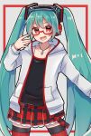  1girl akikan_sabago aqua_hair belt black_shirt commentary cowboy_shot glasses hand_up hatsune_miku headphones highres hood hoodie jewelry long_hair miniskirt natural_(module) necklace open_mouth plaid plaid_skirt pleated_skirt project_diva_(series) red-framed_eyewear red_eyes red_legwear red_skirt semi-rimless_eyewear shirt skirt smile solo thigh-highs twintails very_long_hair vocaloid white_hoodie 
