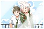  2boys :d ahoge blush border breast_pocket brown_hair closed_eyes clouds cloudy_sky collarbone collared_shirt commentary_request dangan_ronpa_(series) dangan_ronpa_2:_goodbye_despair green_jacket green_neckwear grin hair_between_eyes hands_on_another&#039;s_shoulder hinata_hajime hood hood_down hooded_jacket jacket komaeda_nagito male_focus meipoi multiple_boys necktie open_clothes open_jacket open_mouth pocket print_shirt railing shiny shiny_hair shirt sky smile upper_body white_border white_hair white_shirt 