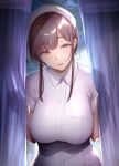  1girl bangs blush breasts brown_hair commentary_request curtains gentsuki hair_over_eyes hat highres hospital large_breasts looking_at_viewer nurse nurse_cap orange_eyes original parted_bangs parted_lips short_hair sidelocks smile thighs uniform 