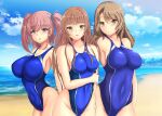  3girls atlanta_(kantai_collection) beach blue_swimsuit breasts competition_swimsuit grey_eyes helena_(kantai_collection) highleg highleg_swimsuit highres houston_(kantai_collection) kantai_collection large_breasts montemasa multiple_girls one-piece_swimsuit swimsuit tagme twintails yellow_eyes 