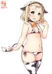  1girl alternate_costume animal_ears animal_print artist_logo bell bikini blonde_hair commentary_request cow_ears cow_horns cow_print cow_tail cowbell cowboy_shot dated fake_animal_ears fake_horns flat_chest green_eyes hairband highres horns kanon_(kurogane_knights) kantai_collection lowleg lowleg_bikini luigi_torelli_(kantai_collection) short_hair side-tie_bikini simple_background solo standing swimsuit tail thigh-highs white_background white_bikini white_legwear 
