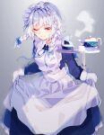  1girl apron blue_bow blue_dress blue_neckwear bow braid closed_mouth collared_dress cup curtsey dress eyebrows_visible_through_hair floating floating_hair floating_object gloves hair_bow highres izayoi_sakuya long_sleeves maid maid_headdress medium_hair multiple_braids neck_ribbon one_eye_closed pocket_watch red_eyes ribbon skirt_hold sleeve_bow sleeve_cuffs smile solo steam tamiku_(shisyamo609) teacup teapot touhou twin_braids watch white_gloves white_hair 