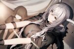  1girl arknights arm_belt arm_strap black_cape black_shirt breasts brown_eyes cape closed_mouth dutch_angle genyaky gloves grey_hair horns jewelry large_breasts long_hair necklace official_art shining_(arknights) shirt smile solo_focus torn_cape torn_clothes 