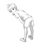  1boy ahoge ass bandaid bandaid_on_cheek bent_over child dangan_ronpa_(series) dangan_ronpa_2:_goodbye_despair dated from_behind full_body greyscale hinata_hajime kneehighs looking_at_viewer looking_back male_focus meipoi monochrome shirt shoes short_hair short_sleeves shorts simple_background sneakers solo standing symbol_commentary t-shirt younger 
