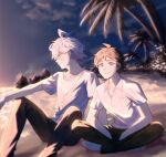  2boys ahoge bangs barefoot beach black_pants blurry breast_pocket brown_eyes brown_hair brown_pants closed_mouth collared_shirt commentary_request dangan_ronpa_(series) dangan_ronpa_2:_goodbye_despair day depth_of_field feet_out_of_frame hinata_hajime indian_style komaeda_nagito looking_at_viewer male_focus meipoi messy_hair multiple_boys on_ground outdoors palm_tree pants pocket print_shirt sand shiny shiny_hair shirt short_hair short_sleeves sitting smile striped striped_shirt tree white_shirt 