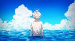  1boy ahoge arms_at_sides artist_name blue_sky clouds commentary_request dangan_ronpa_(series) dangan_ronpa_2:_goodbye_despair day facing_away from_behind grey_hair horizon komaeda_nagito male_focus meipoi messy_hair ocean outdoors shirt short_sleeves sky solo standing water white_shirt 