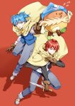  2boys akabane_karma ansatsu_kyoushitsu bangs blue_eyes blue_hair blue_headwear blue_vest boots brown_gloves commentary_request denim fighting_stance flying_sweatdrops gloves hat jeans knee_up koro-sensei_quest looking_at_viewer male_focus meipoi multiple_boys official_alternate_costume open_mouth pants red_background redhead scarf shiota_nagisa shoes short_hair simple_background smile sword vest weapon 