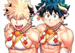  2boys abs alternate_costume animal_ears bakugou_katsuki bare_shoulders blonde_hair blush boku_no_hero_academia bra chinese_zodiac cleavage_cutout close-up clothing_cutout cow_boy cow_ears cow_horns crossdressinging detached_sleeves face green_eyes green_hair happy_new_year highres horns male_focus midoriya_izuku multiple_boys new_year pectorals short_hair spiky_hair stomach toned toned_male tongue tongue_out underwear white_bra yazakc year_of_the_ox 