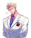  1boy absurdres alternate_costume blonde_hair collared_shirt flower formal hair_strand highres kray_foresight looking_at_another muscular muscular_male necktie one_eye_closed orange_eyes pectorals pink_shirt promare purple_neckwear red_flower shirt smile solo sparkle suit tabno_(tanbotalo) upper_body white_background white_suit 