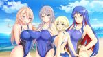  4girls beach blonde_hair blue_eyes blue_swimsuit breasts colorado_(kantai_collection) competition_swimsuit highleg highleg_swimsuit highres iowa_(kantai_collection) kantai_collection large_breasts long_hair montemasa multicolored_hair multiple_girls one-piece_swimsuit short_hair south_dakota_(kantai_collection) star-shaped_pupils star_(symbol) swimsuit symbol-shaped_pupils tagme violet_eyes washington_(kantai_collection) 
