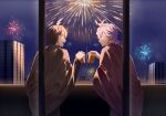  2boys aerial_fireworks ahoge alternate_costume alternate_hairstyle can closed_eyes commentary_request cup dangan_ronpa_(series) dangan_ronpa_2:_goodbye_despair facing_another fireworks from_behind grey_hair hand_up hinata_hajime holding holding_can japanese_clothes kimono komaeda_nagito looking_at_another male_focus medium_hair meipoi multiple_boys night night_sky open_mouth outdoors profile short_hair short_ponytail sky smile star_(sky) starry_sky upper_body 
