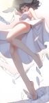  1girl absurdres barefoot bird brown_hair dress dress_lift feathers feet hat highres kawery long_hair looking_at_viewer open_mouth original smile straw_hat sundress tiptoes toenail_polish toes white_dress 