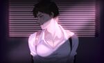  1boy blinds blood blood_from_mouth blood_on_face brown_eyes bruise collarbone collared_shirt commentary_request dangan_ronpa_(series) dangan_ronpa_2:_goodbye_despair hinata_hajime indoors injury light looking_at_viewer male_focus meipoi nosebleed pectorals profile shirt short_hair solo upper_body white_shirt window 