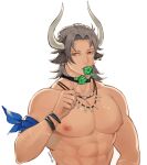  1boy abs animal_ears arknights bandana broccoli brown_eyes brown_hair cow_boy cow_ears cow_horns earrings eating highres horns jewelry ketanbakar male_focus matterhorn_(arknights) matterhorn_(beach_guard)_(arknights) medium_hair muscular muscular_male nipples nude pectorals solo tooth_necklace upper_body white_background 