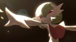  blurry colored_skin commentary gardevoir gen_3_pokemon highres looking_to_the_side mega_gardevoir mega_pokemon outstretched_hand parted_lips pokemon pokemon_(creature) red_eyes rend solo spread_fingers upper_body white_skin 