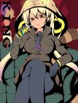  1girl absurdres arm_rest black_legwear blonde_hair brown_jacket couch crossed_legs detached_hood drinking_straw eyebrows_visible_through_hair feet_out_of_frame gloves hair_between_eyes hand_up high_contrast highres holding hood hood_up jacket kemono_friends king_cobra_(kemono_friends) lemon_milk light_smile long_hair long_sleeves looking_at_viewer multicolored multicolored_eyes multicolored_hair necktie on_couch pantyhose parted_lips pink_hair red_eyes shimosami sitting skirt snake_tail solo tail tan twintails two-tone_hair v-shaped_eyebrows very_long_hair yellow_eyes 