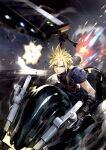  1boy action armor blonde_hair blue_eyes buster_sword cloud_strife commentary_request explosion final_fantasy final_fantasy_vii final_fantasy_vii_remake fire gloves ground_vehicle highres holding holding_weapon jun_(seojh1029) materia motor_vehicle motorcycle on_motorcycle riding short_hair shoulder_armor sleeveless solo speed_lines spiky_hair sweater turtleneck weapon 