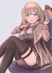  1girl :d ass bangs black_legwear blonde_hair blue_eyes blush breasts brown_capelet brown_jacket brown_skirt commentary_request enumiyan eyebrows_visible_through_hair feet_out_of_frame garter_straps grey_background hair_ornament hat hat_removed headwear_removed highres holding holding_clothes holding_hat hololive jacket looking_at_viewer medium_breasts monocle_hair_ornament necktie open_mouth pleated_skirt red_neckwear shirt simple_background sitting skirt smile solo thigh-highs upskirt watson_amelia white_shirt 