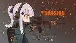  1girl agent_416_(girls_frontline) assault_rifle backpack bag bangs blush brown_gloves commentary_request copyright_name crossover english_text girls_frontline gloves gotoo green_eyes green_jacket gun hair_ornament headphones hk416_(girls_frontline) holding holding_weapon jacket long_hair p416 rifle silver_hair solo tom_clancy&#039;s_the_division upper_body weapon 