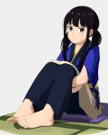  1girl absurdres bangs barefoot black_hair blue_kimono closed_mouth commentary commentary_request feet highres inoue_takina japanese_clothes kimono long_hair looking_at_viewer lycoris_recoil redrawn simple_background sitting solo tatami tbear toenails toes violet_eyes white_background 