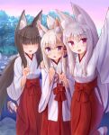  3girls :d absurdres animal_ear_fluff animal_ears arm_up bangs black_hair blush borrowed_character breasts brown_footwear commentary_request eyebrows_visible_through_hair flower folded_ponytail fox_ears fox_girl fox_shadow_puppet fox_tail girl_sandwich hair_between_eyes hair_flower hair_ornament hakama hand_on_another&#039;s_shoulder highres iroha_(iroha_matsurika) japanese_clothes kimono long_hair long_sleeves low_ponytail miko multiple_girls open_mouth original ponytail purple_flower red_eyes red_hakama sandwiched self_shot silver_hair small_breasts smile socks standing standing_on_one_leg tabi tail very_long_hair violet_eyes white_kimono white_legwear wide_sleeves zouri 