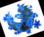  absurdres blue_flower claws closed_eyes closed_mouth commentary_request english_text fang flower full_body gen_2_pokemon highres iogi_(iogi_k) no_humans pokemon pokemon_(creature) simple_background solo tyranitar white_background 