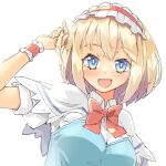  1girl adjusting_hair alice_margatroid arnest bangs blonde_hair blue_dress blue_eyes blush bow bowtie breasts capelet collared_shirt dress eyebrows_visible_through_hair frills hairband lolita_hairband looking_at_viewer open_mouth puffy_short_sleeves puffy_sleeves red_bow sash shirt short_hair short_sleeves smile touhou white_background white_capelet white_shirt wristband 