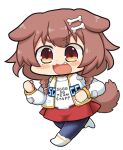  1girl :3 :d animal_ears bangs blush bone_hair_ornament braid brown_eyes brown_hair chibi clenched_hands clothes_writing commentary_request cosplay cosplay_request dog_ears dog_girl dog_tail english_text eyebrows_visible_through_hair fang full_body hair_ornament hololive inugami_korone jacket long_hair long_sleeves looking_at_viewer matarou_(matarou072) open_mouth segagaga shirt skirt smile solo t-shirt tail transparent_background twin_braids virtual_youtuber white_jacket white_shirt 