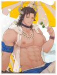  1boy abs animal_ears arknights bandana bare_pecs broccoli brown_eyes brown_hair bulge clothes_around_waist cow_boy cow_ears cow_horns cowboy_shot earrings highres hood hooded_jacket hoodie horns jacket jewelry ketanbakar looking_at_viewer male_focus male_swimwear matterhorn_(arknights) matterhorn_(beach_guard)_(arknights) medium_hair muscular muscular_male navel nipples pectorals shirt shirt_around_waist sleeveless sleeveless_hoodie smile solo stomach swim_trunks swimwear umbrella white_jacket 