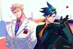  2boys absurdres black_gloves black_vest blonde_hair blown_kiss blue_eyes blue_hair buttons collared_jacket collared_shirt flower formal galo_thymos gloves green_suit hair_strand highres kray_foresight male_focus multiple_boys muscular muscular_male necktie one_eye_closed orange_eyes pectorals pink_shirt promare purple_neckwear red_flower shirt short_hair smile spiky_hair suit tabno_(tanbotalo) upper_body vest white_suit yellow_neckwear 