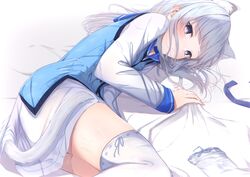  1girl animal_ear_fluff animal_ears bed_sheet blue_eyes blue_hair blue_sailor_collar cat_ears chunithm commentary_request highres kisaragi_yaya kobotoke_nagi long_hair long_sleeves looking_at_viewer lying on_side sailor_collar skirt solo thigh-highs thighs white_legwear white_skirt 