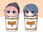  2girls :d aqua_eyes blue_hair chibi cup eyebrows_visible_through_hair hat in_container in_cup kagamihara_nadeshiko minigirl multiple_girls open_mouth pink_hair ramen scarf shima_rin simple_background smile twumi violet_eyes yurucamp 