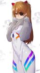  1girl blush bodysuit brown_eyes closed_mouth clothes_lift commentary_request evangelion:_3.0+1.0_thrice_upon_a_time eyepatch grey_sweater hair_between_eyes hair_ornament highres hotumoyi legs_together lifted_by_self long_hair long_sleeves looking_at_viewer neon_genesis_evangelion orange_hair pilot_suit plugsuit signature simple_background skin_tight solo souryuu_asuka_langley standing sweater sweater_lift turtleneck turtleneck_sweater two_side_up white_bodysuit 