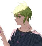  1boy amami_rantarou antenna_hair bangs bracelet closed_mouth commentary_request dangan_ronpa_(series) dangan_ronpa_v3:_killing_harmony facing_to_the_side green_eyes green_hair hair_between_eyes hand_up jewelry male_focus meipoi necklace petals ring shirt short_hair simple_background solo striped striped_shirt thumb_ring upper_body white_background 