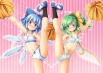  2girls bangs bare_arms bare_shoulders black_legwear blue_bow blue_eyes blue_hair blush bow bra breasts chima_q cirno collarbone commentary daiyousei embarrassed eyebrows_visible_through_hair fairy_wings frown green_eyes green_hair hair_between_eyes hair_bow heart ice ice_wings kneepits large_bow leg_up multiple_girls navel outline outstretched_arm panties pink_background pom_poms short_hair simple_background small_breasts socks split sports_bra standing standing_on_one_leg standing_split striped striped_background touhou underwear underwear_only v-shaped_eyebrows vertical_stripes wavy_mouth white_bra white_outline white_panties wings yellow_bow 