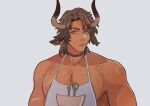  1boy animal_ears apron arknights bare_pecs brown_eyes brown_hair cow_boy cow_ears cow_horns dark_skin dark_skinned_male earrings highres horns jewelry looking_at_viewer male_focus matterhorn_(arknights) medium_hair muscular muscular_male naked_apron nil_(nilqus) pectorals scar scar_on_arm scar_on_chest solo upper_body 